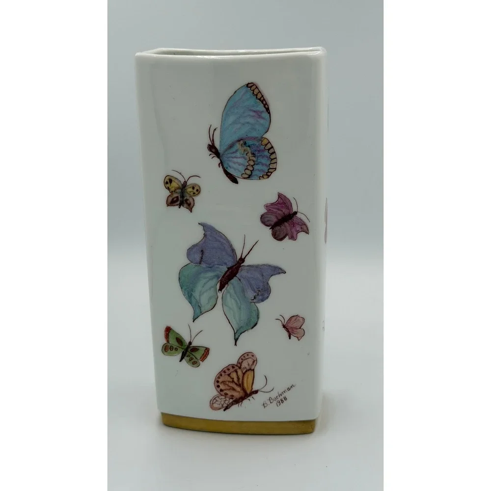 Gerold Porzellan Bavaria Butterfly Vase Hand Painted Germany Floral‎